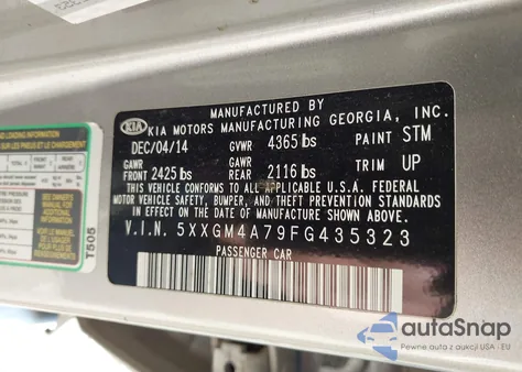 2015 Kia Optima Lx из США, поврежденный, VIN 5XXGM4A79FG435323